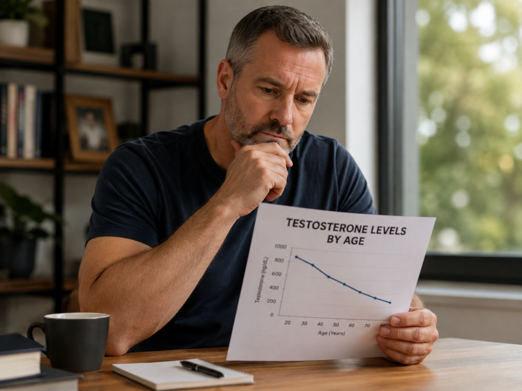 Middle-aged man reviewing a chart showing how testosterone levels can decline with age