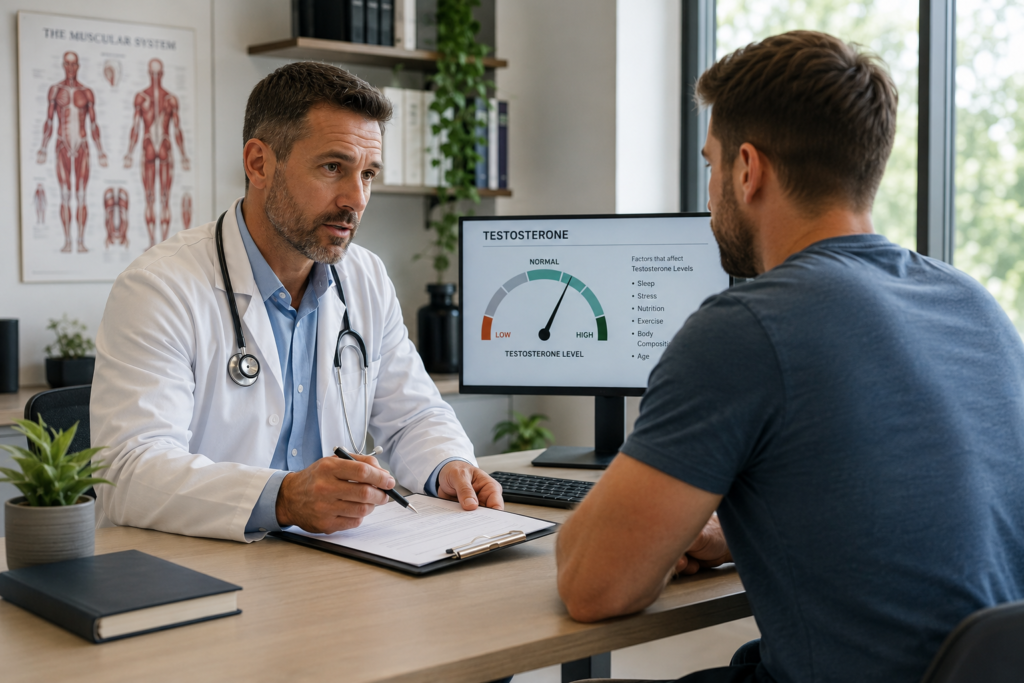 Doctor discussing testosterone levels and treatment options with a male patient