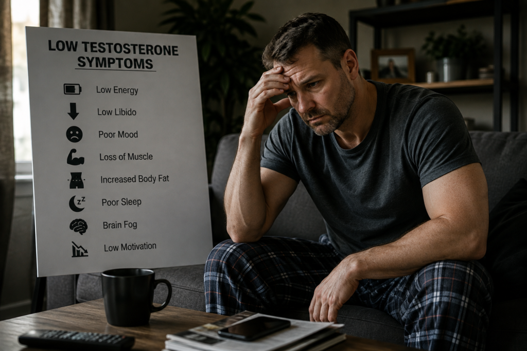 Man experiencing fatigue, low mood and other possible symptoms associated with low testosterone
