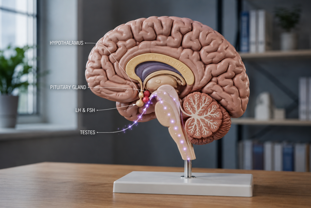 Male hormone system showing testosterone production from the brain to the testes