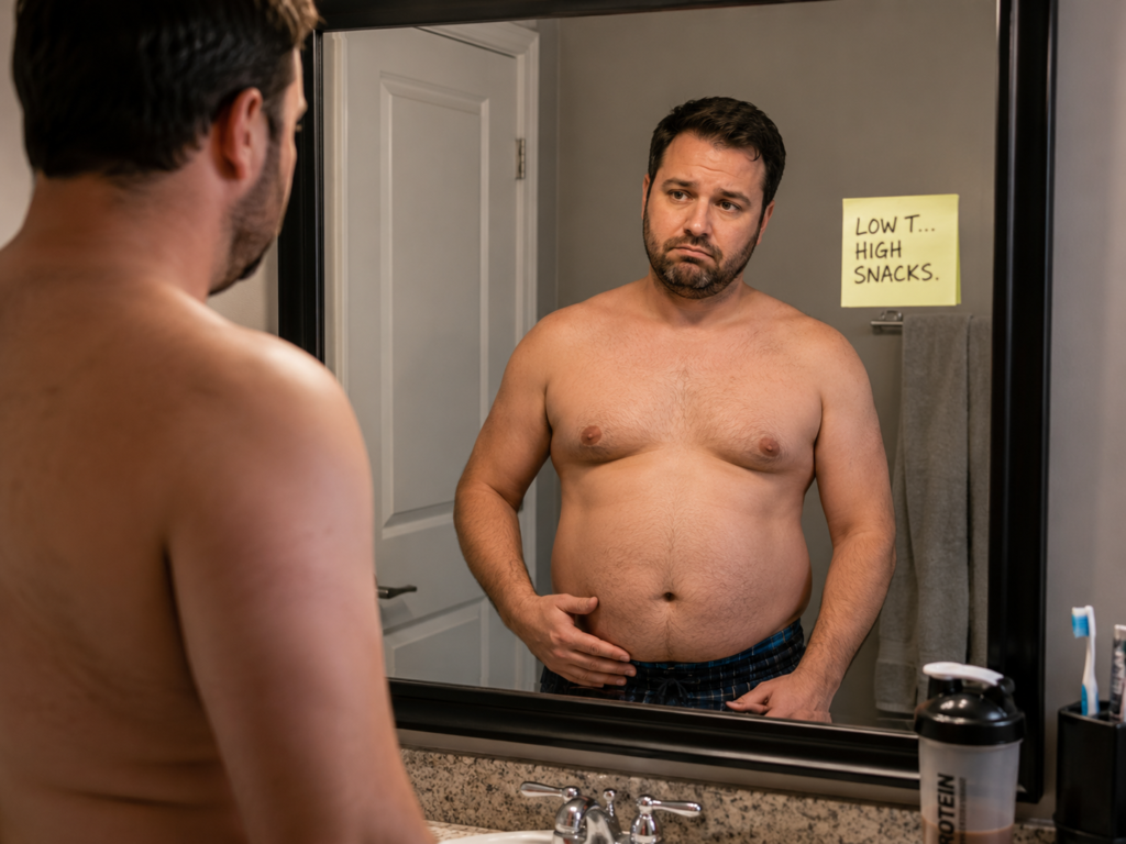 Middle-aged man assessing his body composition and abdominal fat in the mirror