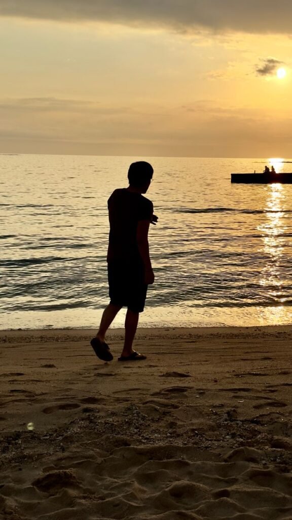 hero-img-01 A man in silhouette walks along a sandy beach during a vibrant sunset, reflecting on the sea.